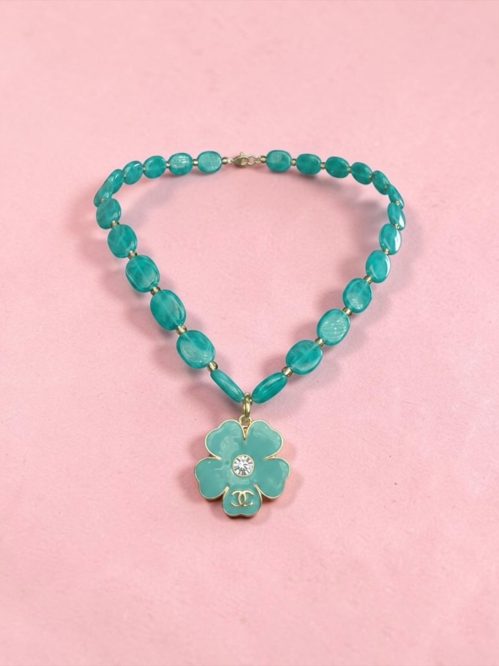 Turquoise Bead Necklace with Clover Pendant